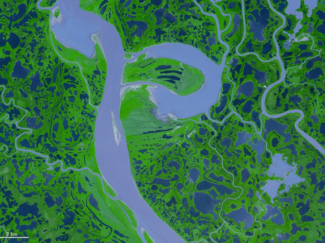 <p>Letra "P": o delta do rio Mackenzie, no Canadá, visto pelo satélite Terra, em 4 de agosto de 2005</p>