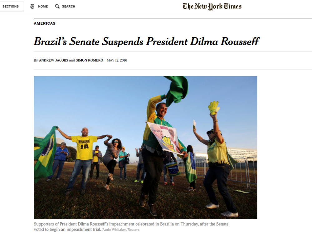 Jornal americano 'The New York Times' repercute afastamento da presidente Dilma Rousseff
