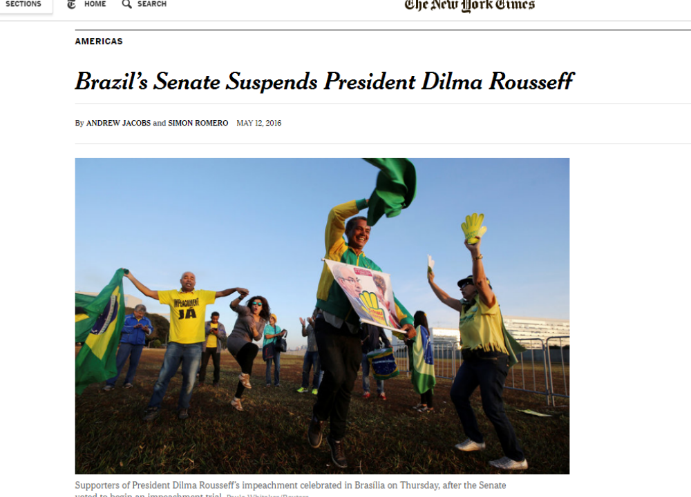 Jornal americano 'The New York Times' repercute afastamento da presidente Dilma Rousseff