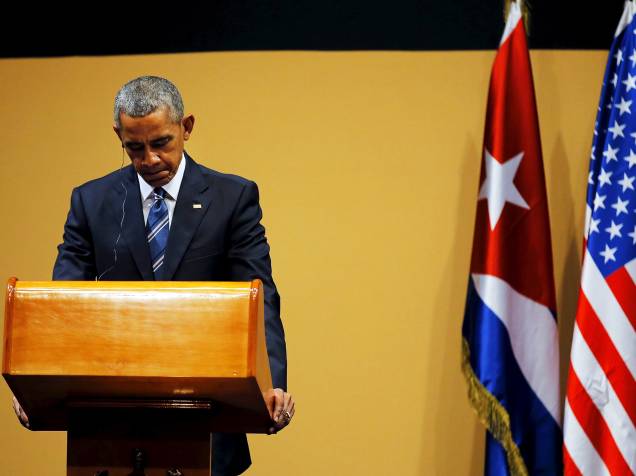 O presidente dos Estados Unidos, Barack Obama, durante coletiva de imprensa, na capital de Cuba, Havana, na tarde desta segunda-feira (21). Este é o terceiro dia de visita do americano à ilha