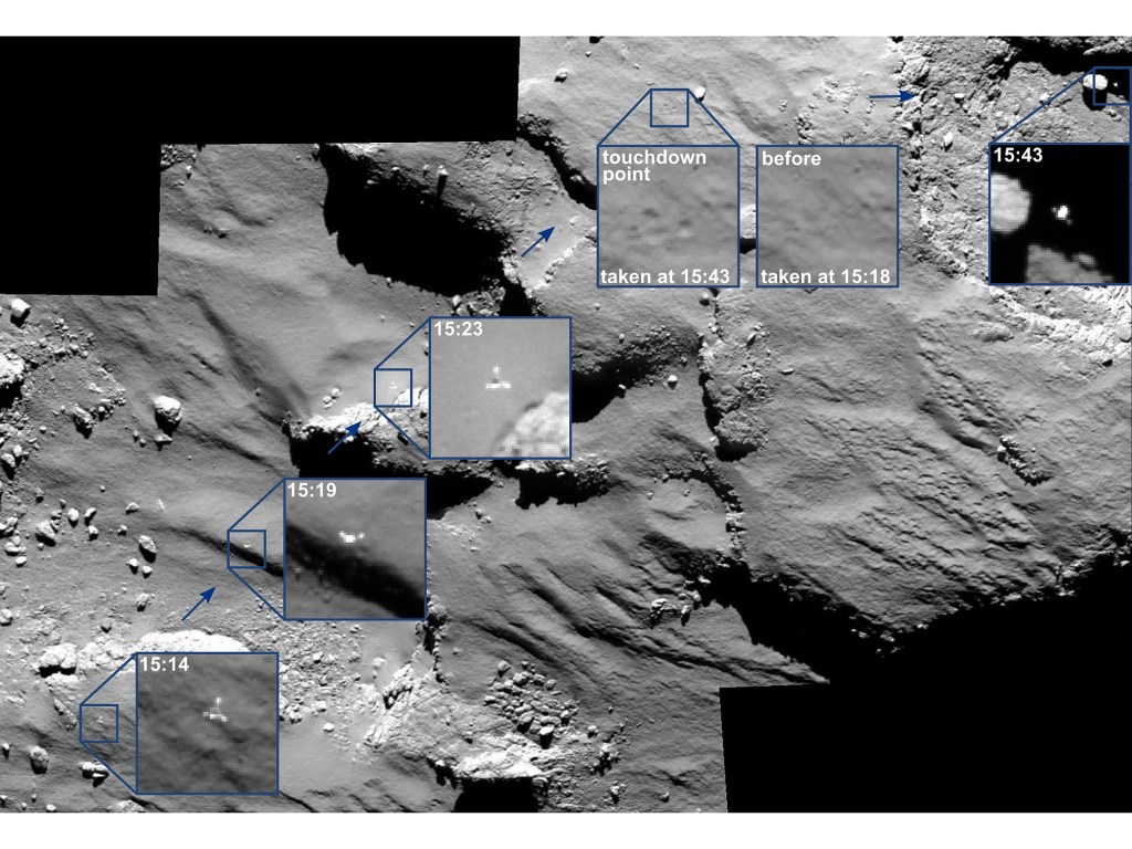 Mosaico de imagens mostra descida diagonal do robô Philae sobre o cometa e o antes e depois do local do primeiro pouso ("touchdown point" e "before")