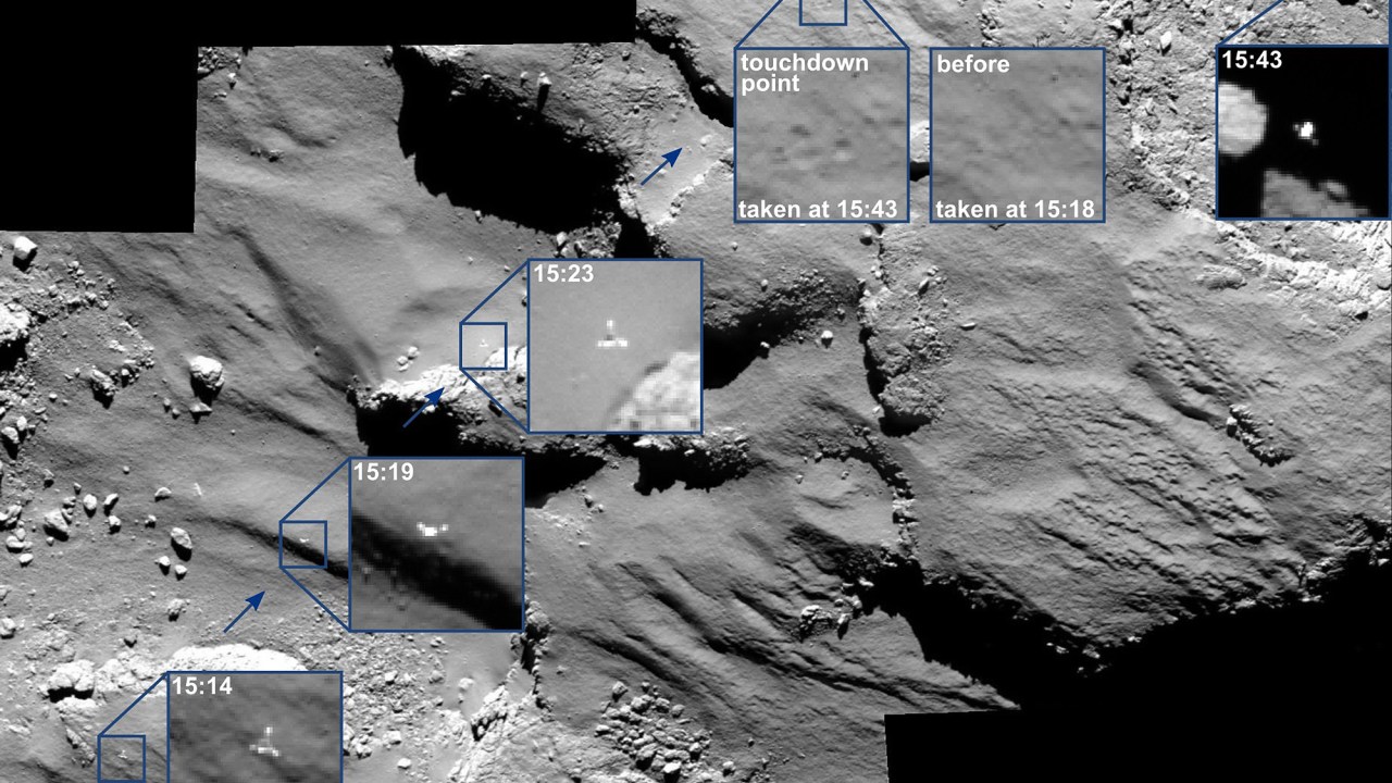 Mosaico de imagens mostra descida diagonal do robô Philae sobre o cometa e o antes e depois do local do primeiro pouso ("touchdown point" e "before")