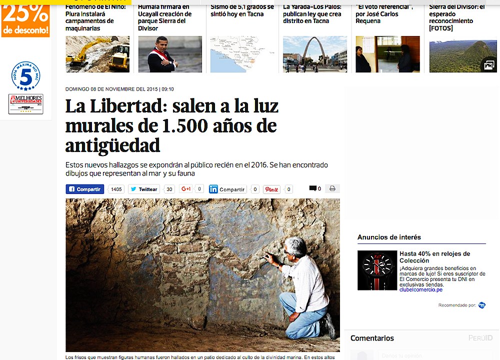 Um grupo de arqueólogos descobriu no santuário da Lua, na região de Liberdade (norte do Peru), um muro da cultura pré-espanhola Moche de 1.500 anos, ondese destacam frisos de figuras humanas, informou o diário El Comercio neste domingo.