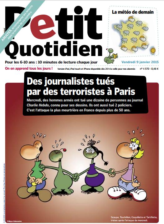 Jornal francês Le Petit Quotidien e a manchete "Jornalistas mortos por terroristas em Paris". Abaixo, personagens de quadrinhos são retratados "tristes após o ataque da quarta-feira"