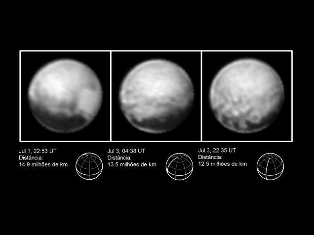 <p>Três imagens de Plutão enviadas pela New Horizons que indicam distâncias diferentes do planeta</p>