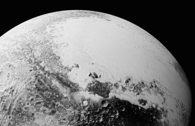 <p>Imagem da superfície de Plutão divulgada pela Nasa mostra como seria o relevo visto a uma distância de1.800 quilômetros </p>