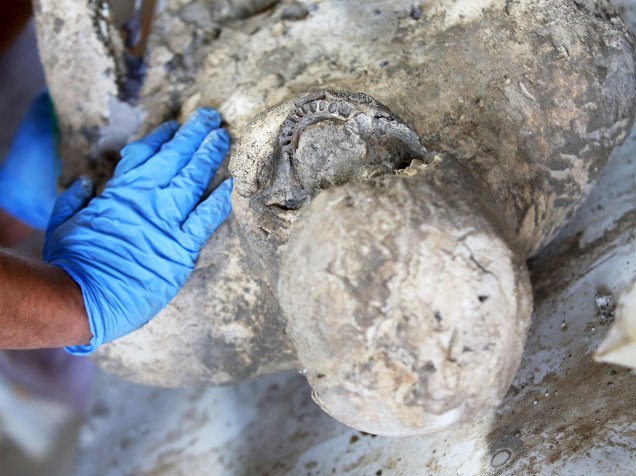 <p>Um molde de gesso com os restos mortais de uma das vítimas da catástrofe de Pompeia, na Itália, é catalogado por pesquisadores</p>