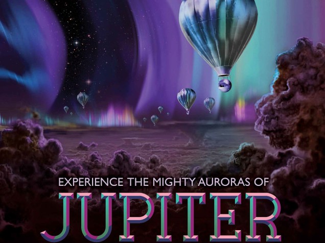 <p>"As auroras de Júpiter são centenas de vezes mais poderosas do que as vistas na Terra, formando um anel brilhante maior que o nosso planeta", explica a descrição da Nasa. "Experimente as poderosas auroras de Júpiter", chama o cartaz repleto de balões.</p>