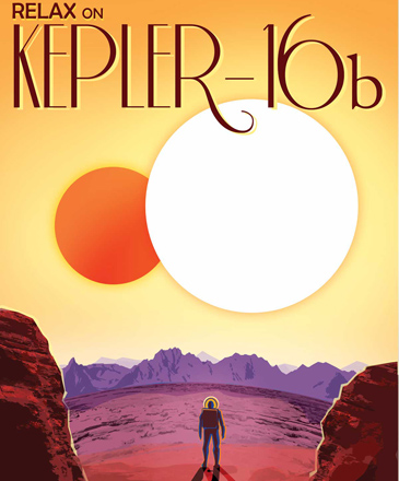 <p>Como um dos cenários que inspira a famosa franquia de Star Wars, Kepler -16b tem dois sóis, o que faz com que tudo seja iluminado de dois lados. "Relaxe em Kepler-16b, onde sua sobra sempre tem companhia", diz o pôster.</p>