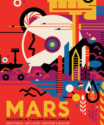 <p>Em Marte, o cartaz imagina um dia no futuro, em que a humanidade conseguiu explorar o planeta, e os grandes marcos destas explorações são comemorados como "locais históricos". "Visite os locais históricos. Múltiplos passeios disponíveis: pioneiros robóticos, arte e cultura, arquitetura e agricultura", diz o pôster. </p>