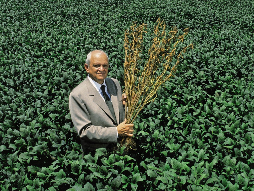 O empresário Olacyr de Moraes posa em meio a sua plantação de soja