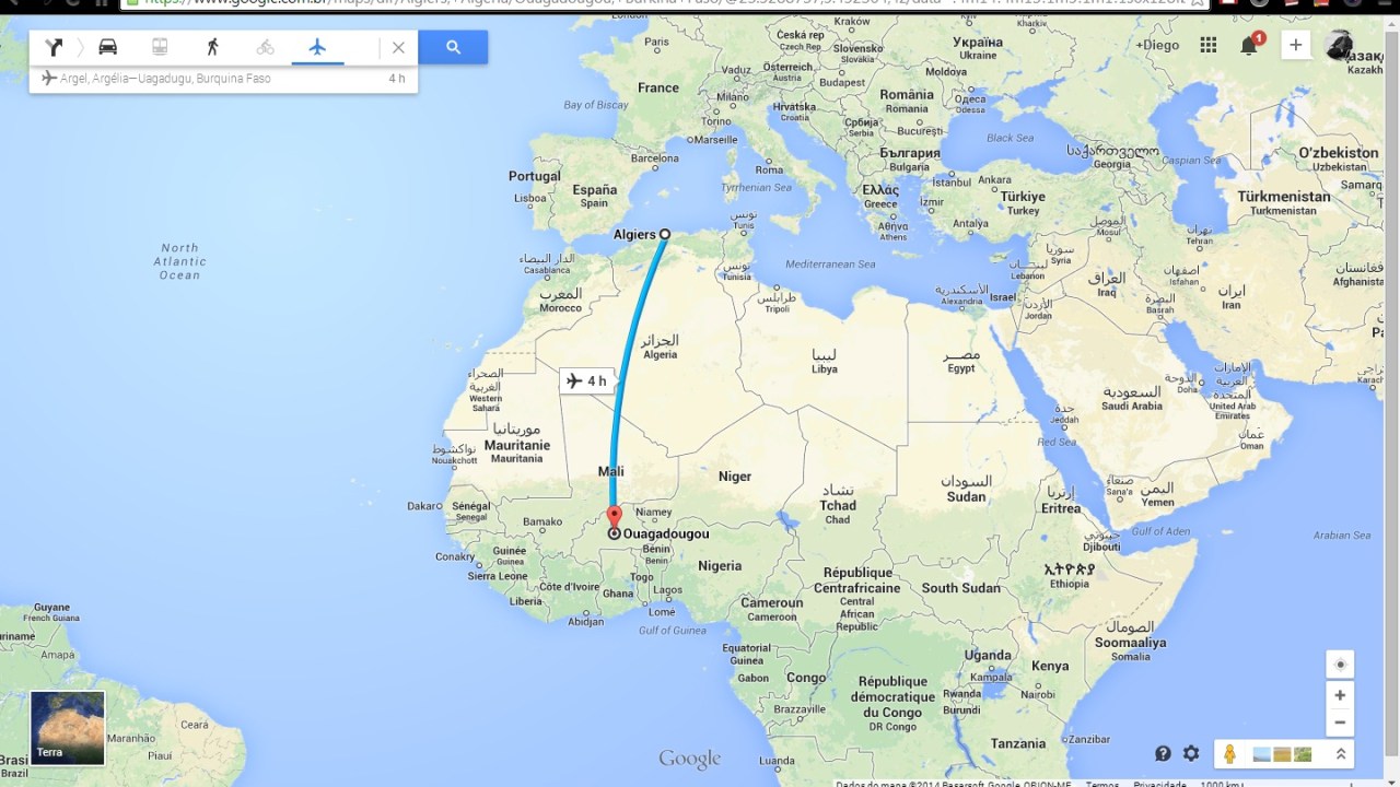 Rota do voo voo AH5017 da Air Algerie, entre Ouagadougou, em Burkina Fasso, e Argel, na Argélia