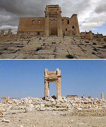 Ruinas do Templo de Bel, localizada em Palmira, na Síria, em março de 2014 (acima), e em março de 2016, após os ataques do grupo Estado Islâmico
