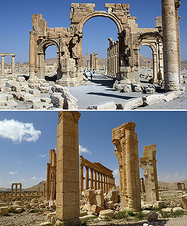 Arco do Triunfo, localizada na cidade histórica de Palmira, na Síria, em junho de 2010 (acima), e em outubro de 2015, após os ataques do grupo Estado Islâmico na região