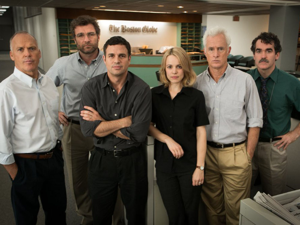 Michael Keaton, Liev Schreiber, Mark Ruffalo, Rachel McAdams, John Slattery e Billy Cudrup, parte do elenco de 'Spotlight'