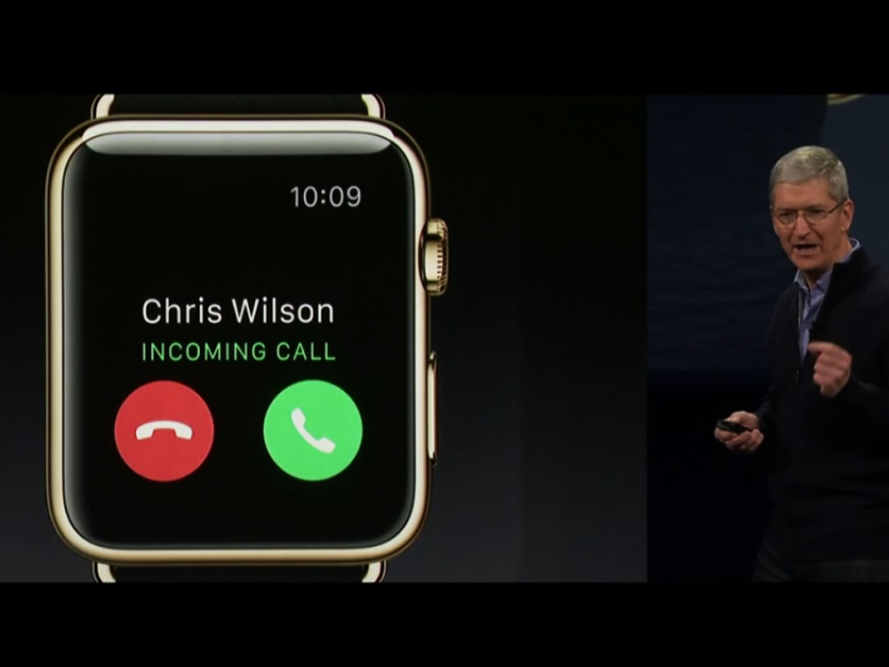 Tim Cook, CEO da Apple, apresenta o Apple Watch que permite enviar e receber mensagens, chamadas e e-mails