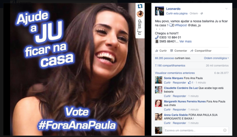 O chefe: em sua página no Facebook, Leonardo fez campanha para Juliana ficar. Ela faz parte do corpo de bailarinas do cantor