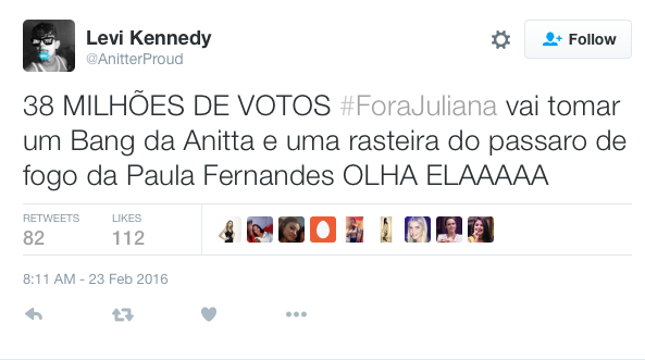 O dono de um perfil no Twitter dedicado aos fãs da Anittas também demonstrou apoio a Ana Paula: Juliana, sua rival no paredão, chegou a falar mal da funkeira no confinamento