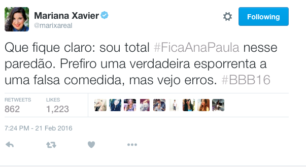 Errar é humano: Apesar de cometer erros, Ana Paula tem como mérito a sinceridade na opinião da atriz Mariana Xavier.