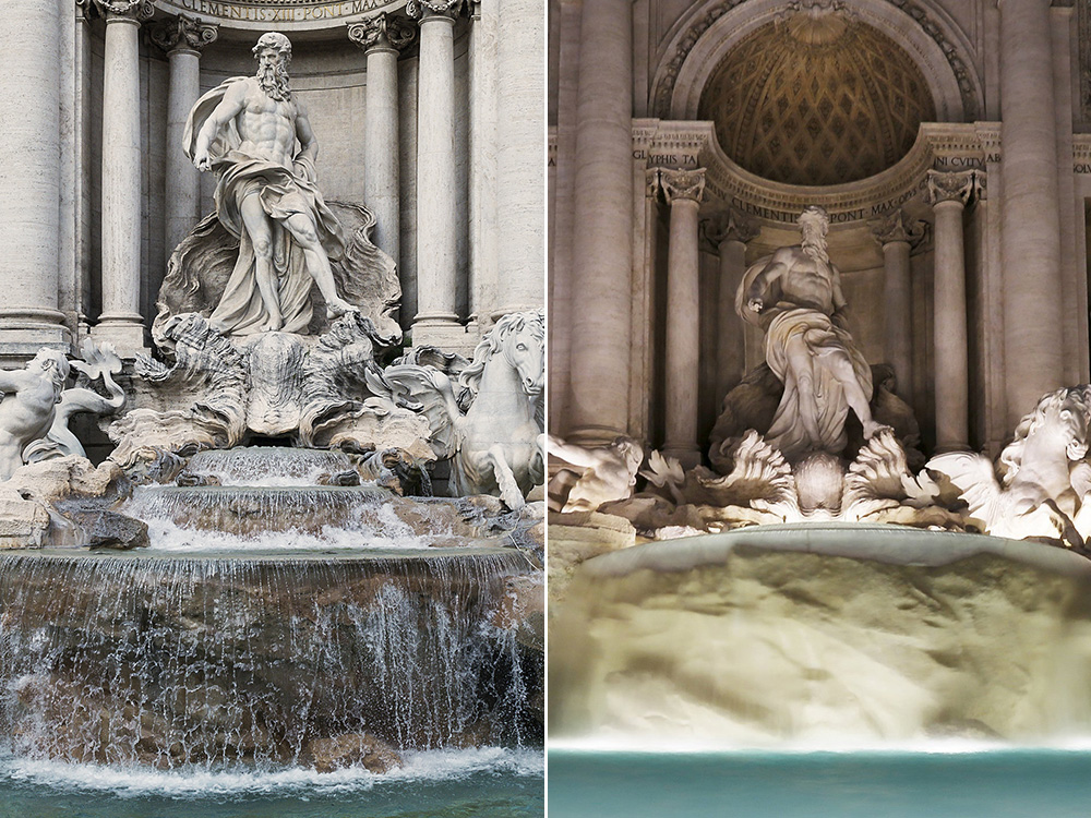 Fontana de Trevi antes e depois da restauração, em Roma, Itália