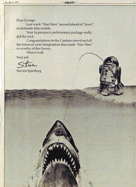 Homenagem do filme Tubarão a Star Wars, publicada em 1977 na revista Variety
