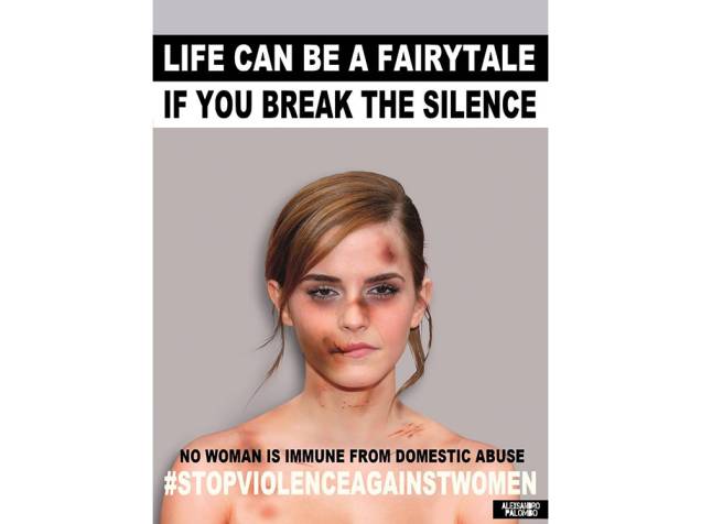 A atriz Emma Watson em imagem da campanha criada pelo artista Alexsandro Palombo contra a violência doméstica