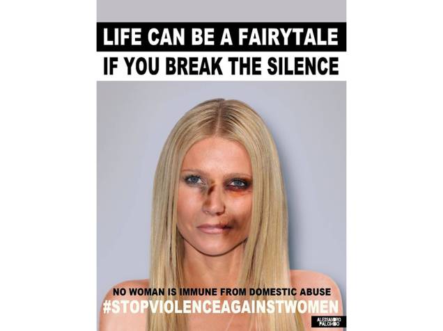 A atriz Gwyneth Paltrow em imagem da campanha criada pelo artista Alexsandro Palombo contra a violência doméstica