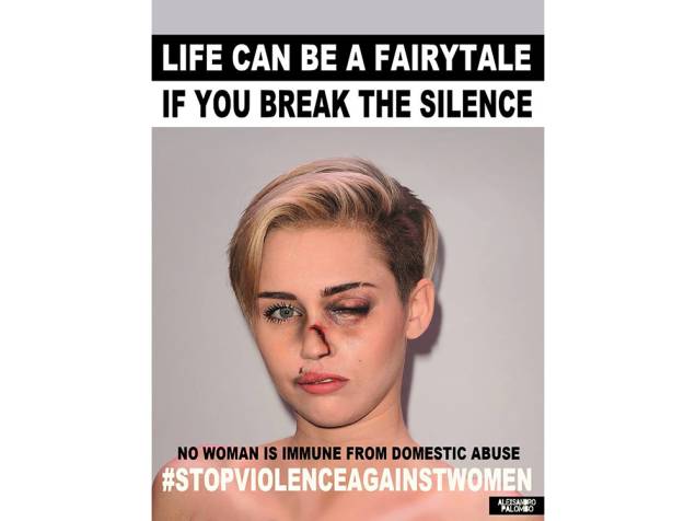 A cantora Miley Cyrus em imagem da campanha criada pelo artista Alexsandro Palombo contra a violência doméstica