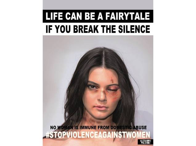 Kendall Jenner na campanha do artista Alexsandro Palombo contra a violência doméstica