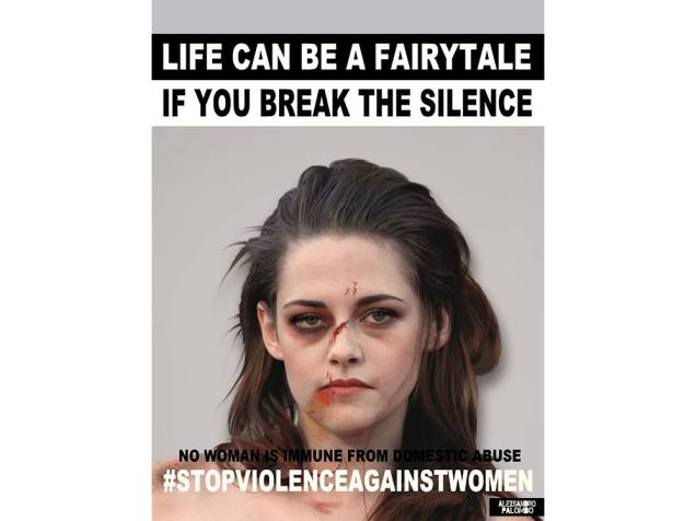 A atriz Kristen Stewart em imagem da campanha criada pelo artista Alexsandro Palombo contra a violência doméstica