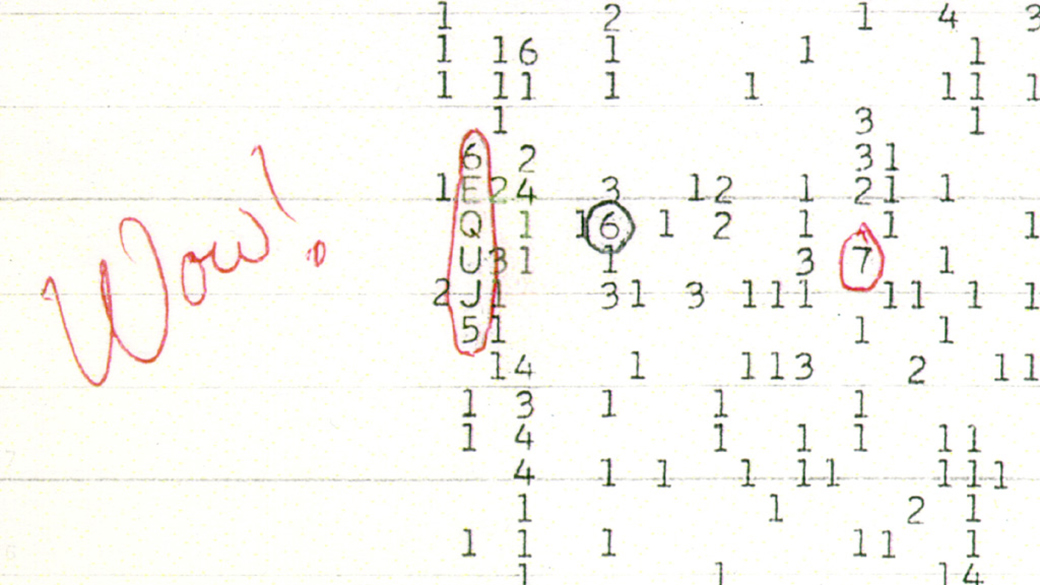 Para identificar o sinal peculiar, o astrônomo circulou com uma caneta vermelha o sinal – representado por uma sequência de letras e números – e escreveu “Wow!” ao lado, fazendo com que o estranho acontecimento ficasse registrado como “sinal Wow!”