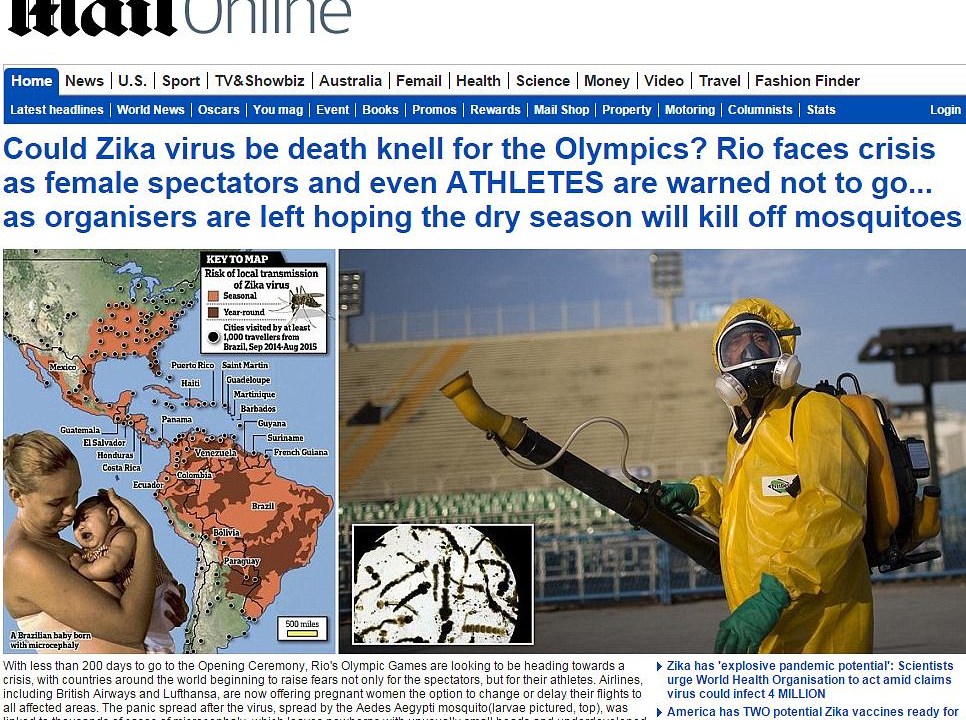 "O vírus zika pode ser a sentença de morte para a Olimpíada?", pergunta o 'Daily Mail'