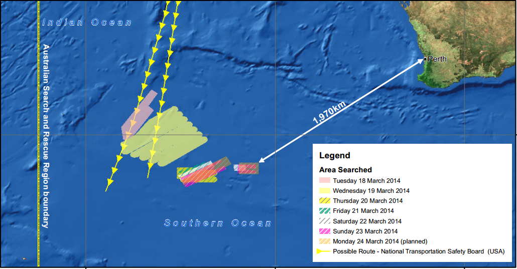 Mapa mostra as áreas de buscas do voo MH370