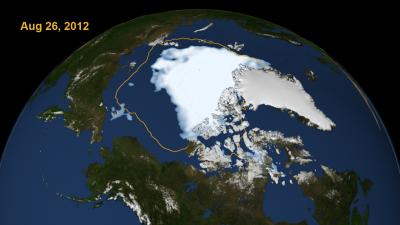 Imagem registrada pela Nasa mostra a área de degelo no oceano Ártico. Extensão do gelo na região durante o verão chegou a 4,1 milhões de quilômetros quadrados, menor marca desde 1979, ano que registrou cobertura de 8 milhões de quilômetros quadrados.