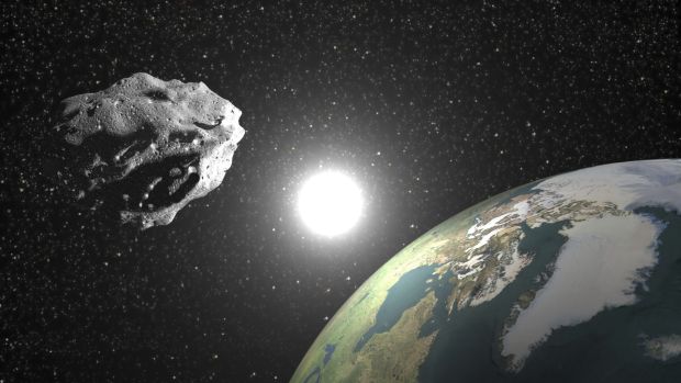 Ilustração artística mostrando uma colisão de asteroide com o planeta Terra