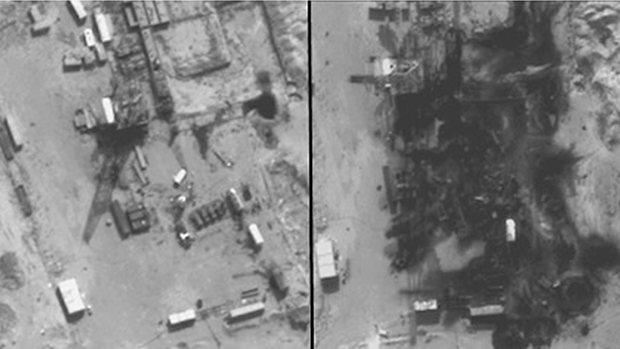Imagem divulgada pelo Pentágono mostra refinarias de petróleo controladas pelo Estado Islâmico no leste da Síria, antes e depois de ser destruída em um ataque aéreo dos EUA