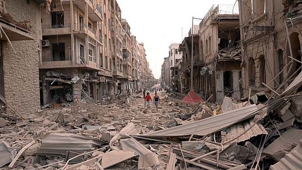 Destroços na região central de Alepo, após a série de explosões desta quarta