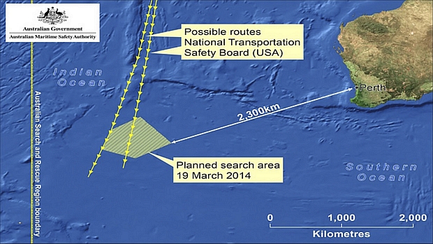 Mapa divulgado pelo governo australiano indica a região onde os possíveis destroços do voo MH370 foram avistados por satélite