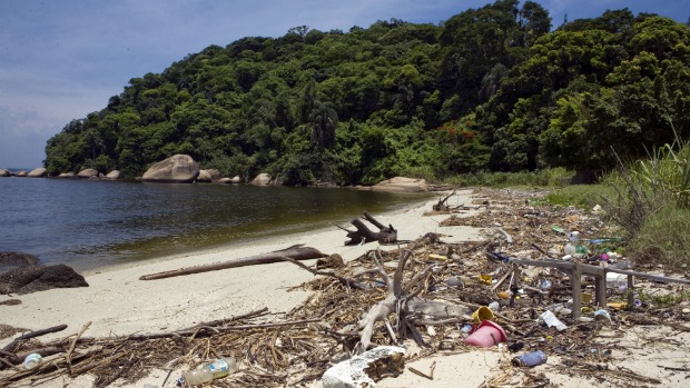 Lixo acumulado em praia da Ilha do Brocoió, na Baía de Guanabara