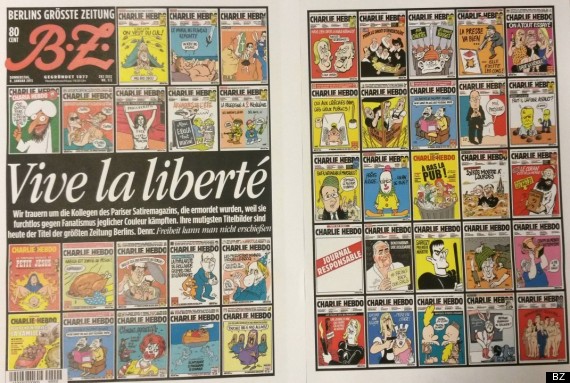 O jornal alemão B.Z Berlin dedicou a primeira e a última página ao atentado à sede da revista Charlie Habdo. A manchete, escrita em francês, diz "Viva à liberdade"