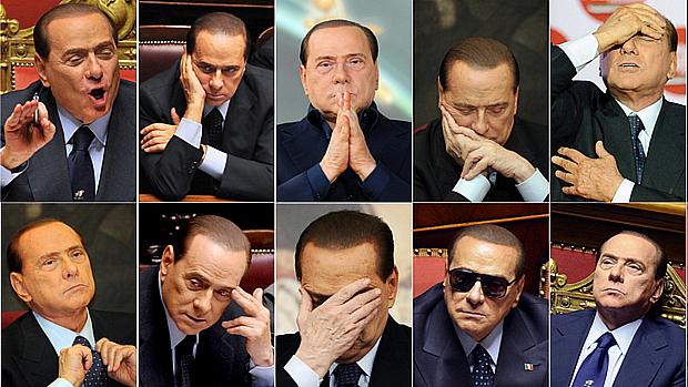 Combinação de fotos de Berlusconi gesticulando nos tribunais e no parlamento