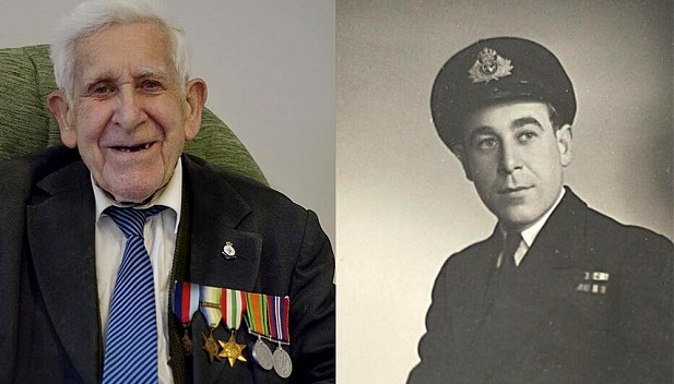 O veterano Bernard Jordan em uma foto recente e um retrato tirado em 6 de junho de 1944, o Dia D