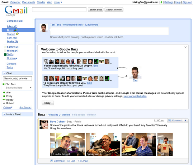 Apresentação da ferramenta Buzz, integrada ao Gmail, o e-mail do Google