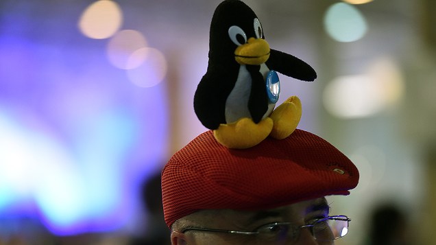 Tur, o mascote oficial do sistema operacional Linux, aparece na cabeça de acampante. Área de software livre é uma das atrações mais esperadas pelos geeks.