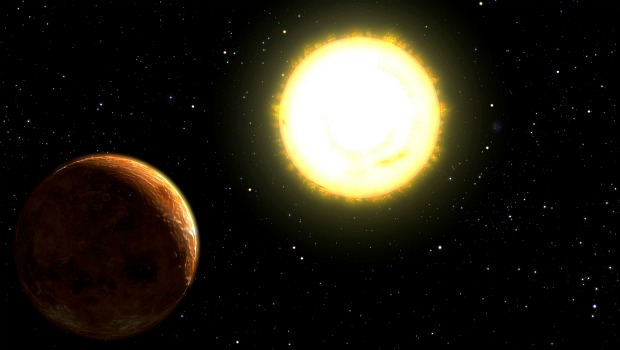 Concepção artística do planeta 55 Cancri E, orbitando sua estrela a 40 anos-luz da Terra