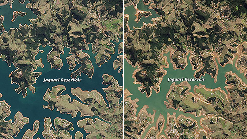Imagem mostra os níveis da represa Jaguari. À esquerda, em 2013, e à direita, a situação atual, em 2014