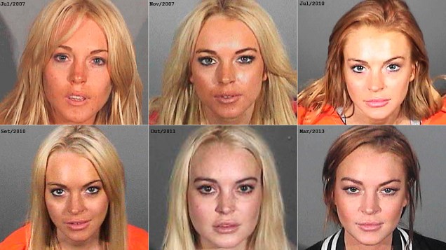 Montagem de fotos com as passagens da atriz Lindsay Lohan pela polícia entre 2007 e 2013