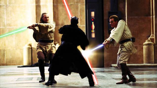 Ewan McGregor e Liam Neeson durante as filmagens de Star Wars Episódio I: A Ameaça Fantasma