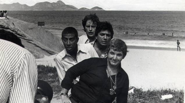 Jô Soares, Paulo Silvino, Agildo Ribeiro e Fulvio Stefanini, durante gravação do programa Planeta dos Homens, da Rede Globo em 1976