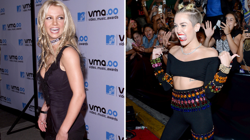 Britney Spears no VMA de 2000 e Miley Cyrus no VMA de 2013